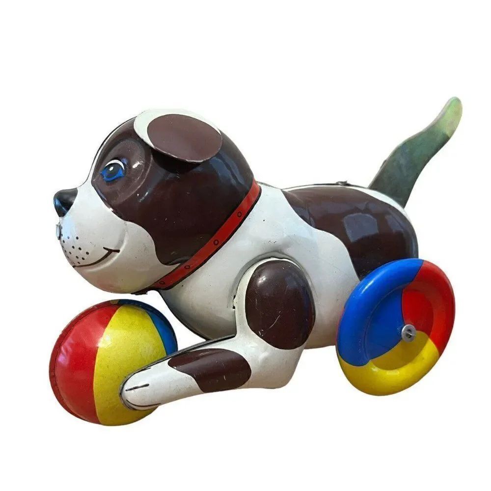 Vintage Tin Lithograph Dog Puppy With Ball Pull Tail Rolls Across the Floor